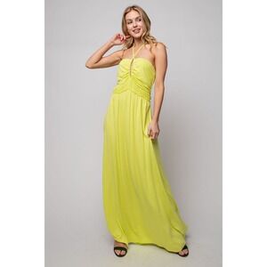 EASEL Neon Yellow Halter Maxi Dress Ruched Smocked Back Summer Knit MEDIUM